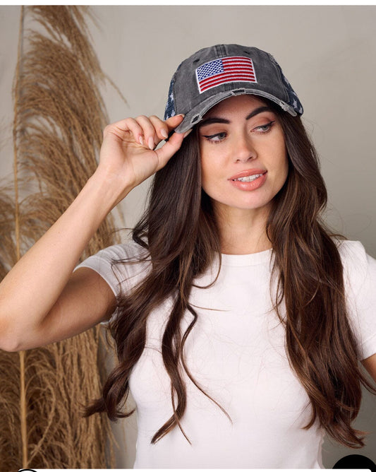 WOMEN'S WASHED DISTRESSED AMERICAN FLAG & STARS BASEBALL CAPS