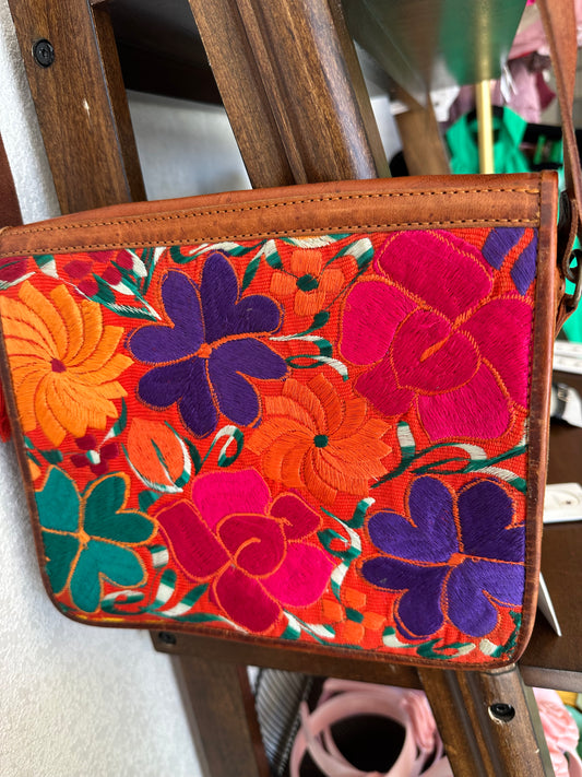 Leather crossbody floral embroidered
