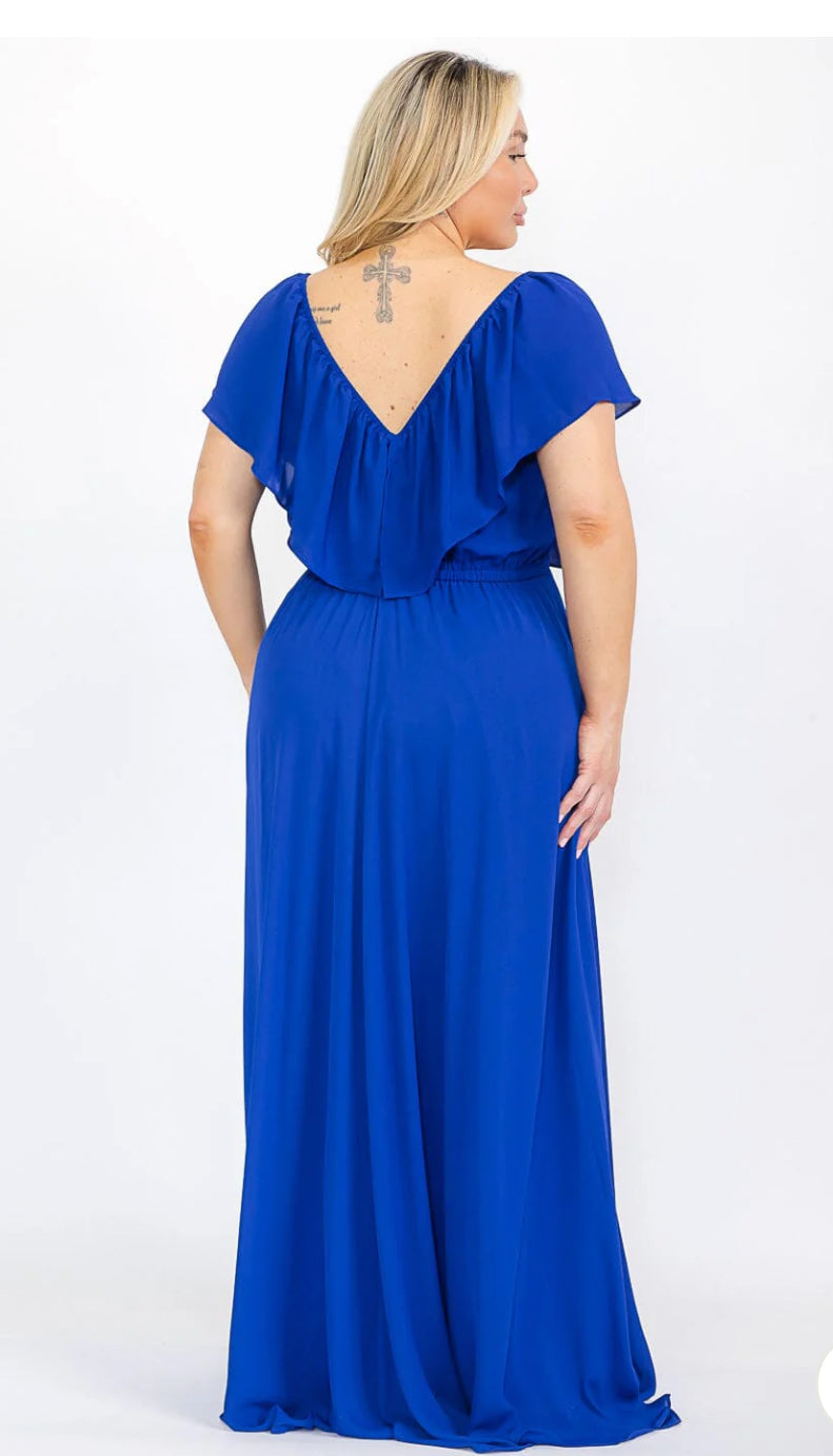 PLUS SIZE SHORT SLEEVE OFF SHOULDER ELASTIC WAIST MAXI DRESS, Royal blue