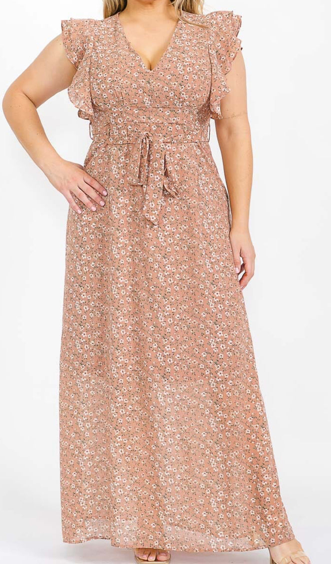 PLUS SIZE RUFFLE SLEEVE V-NECK OPEN BACK FLORAL MAXI DRESS, MAUVE