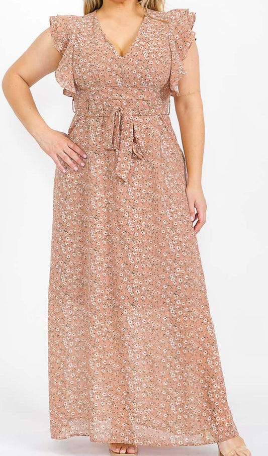 PLUS SIZE RUFFLE SLEEVE V-NECK OPEN BACK FLORAL MAXI DRESS, MAUVE
