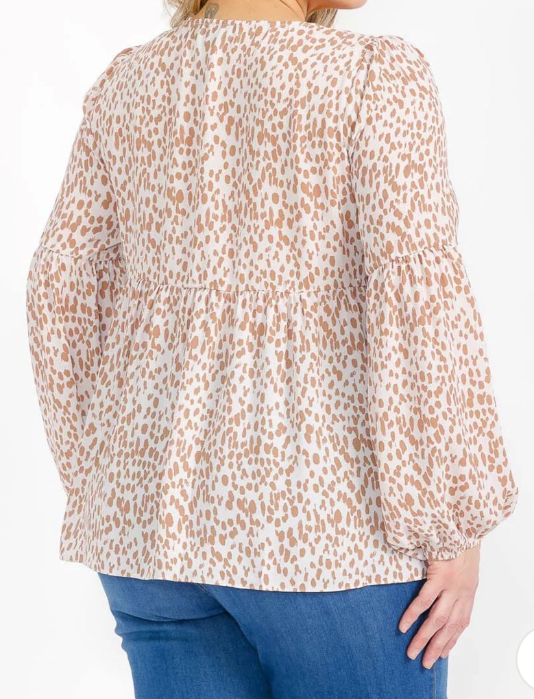 PLUS SIZE LONG SLEEVE V-NECK TUNIC ANIMAL PRINT BLOUSE