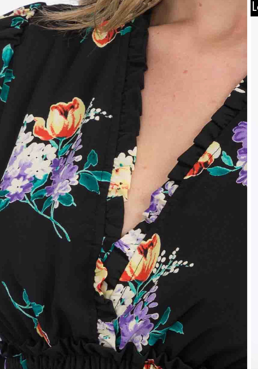 WOMEN'S LONG SLEEVE V-NECK SMOCK FLORAL MINI DRESS BLACK