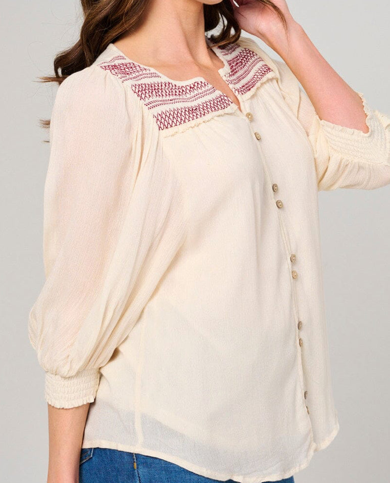 WOMEN'S 3/4 PUFF SLEEVE BUTTON CLOSURE DETAILED BLOUSE