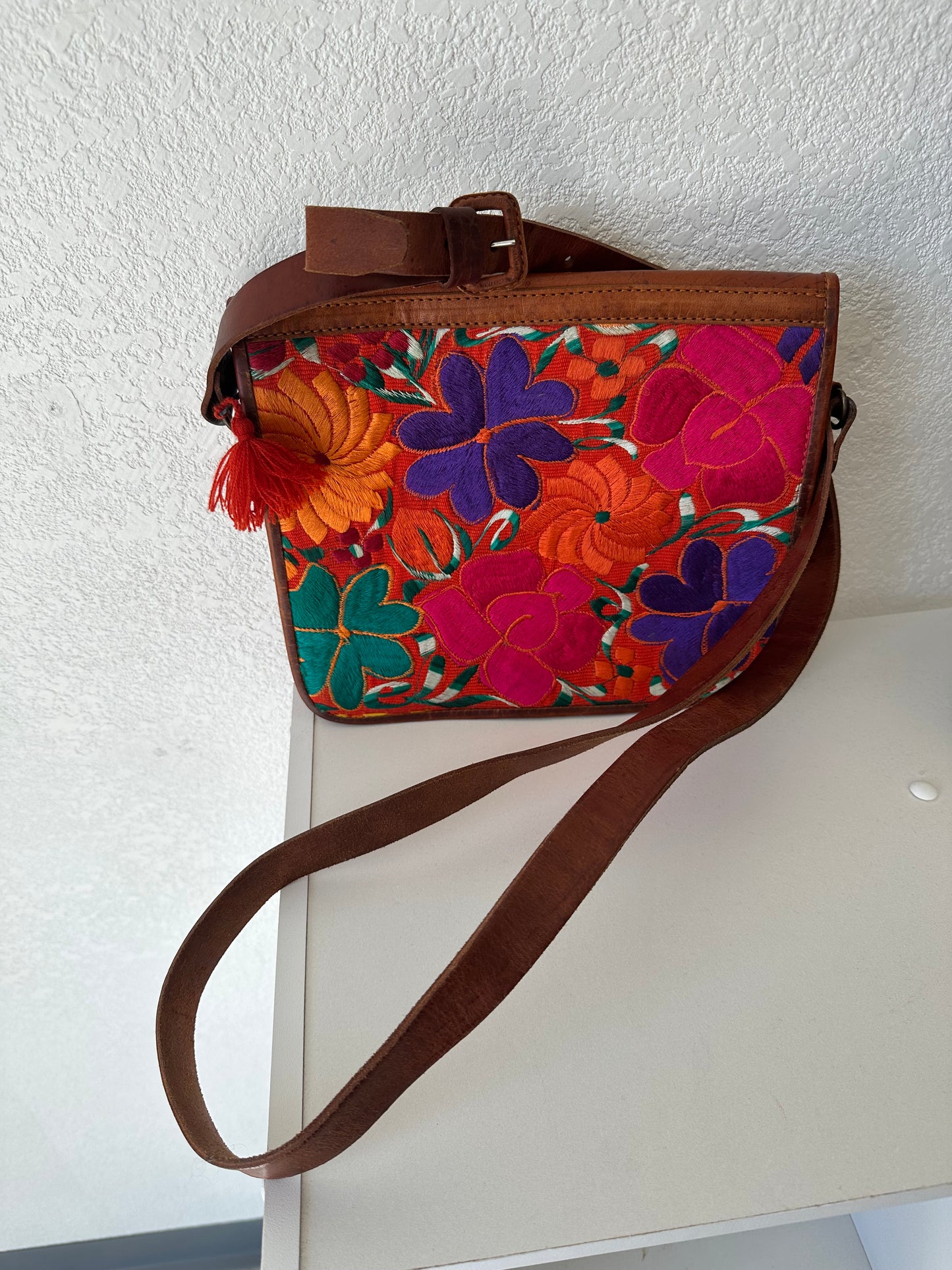 Leather crossbody floral embroidered
