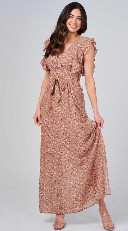 WOMEN'S RUFFLE SLEEVE V-NECK SELF TIE OPEN BACK FLORAL MAXI DRESS, MAUVE