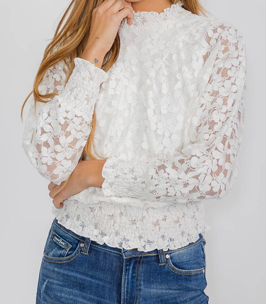 Women’s long sleeve mock neck lace blouse, ivory