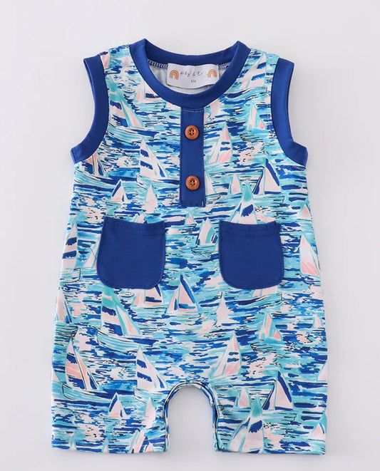 Blue ocean print boy romper