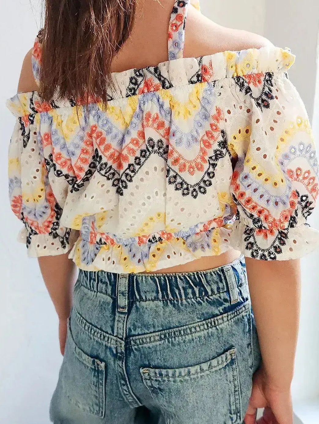 Girl’s rainbow multicolored boho lace shoulder ruffle crop top