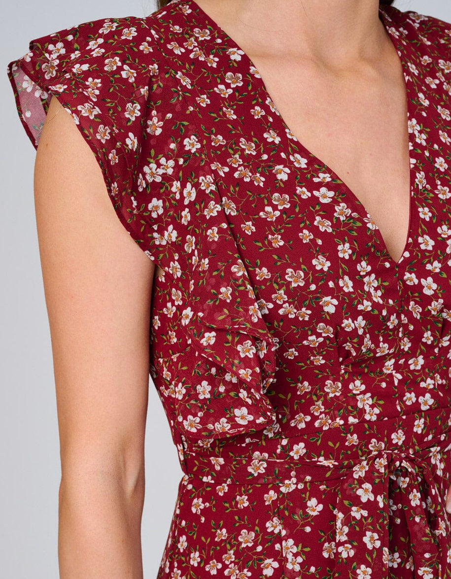 WOMEN'S RUFFLE SLEEVE V-NECK SELF TIE OPEN BACK FLORAL MAXI DRESS
Burgandy