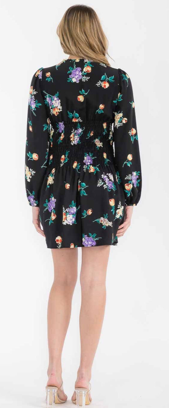 WOMEN'S LONG SLEEVE V-NECK SMOCK FLORAL MINI DRESS BLACK