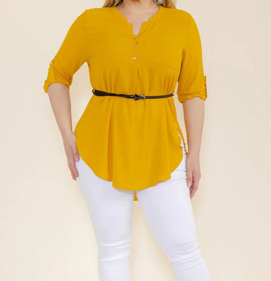 PLUS SIZE 3/4 SLEEVELESS BUTTON UP BELTED TUNIC BLOUSE