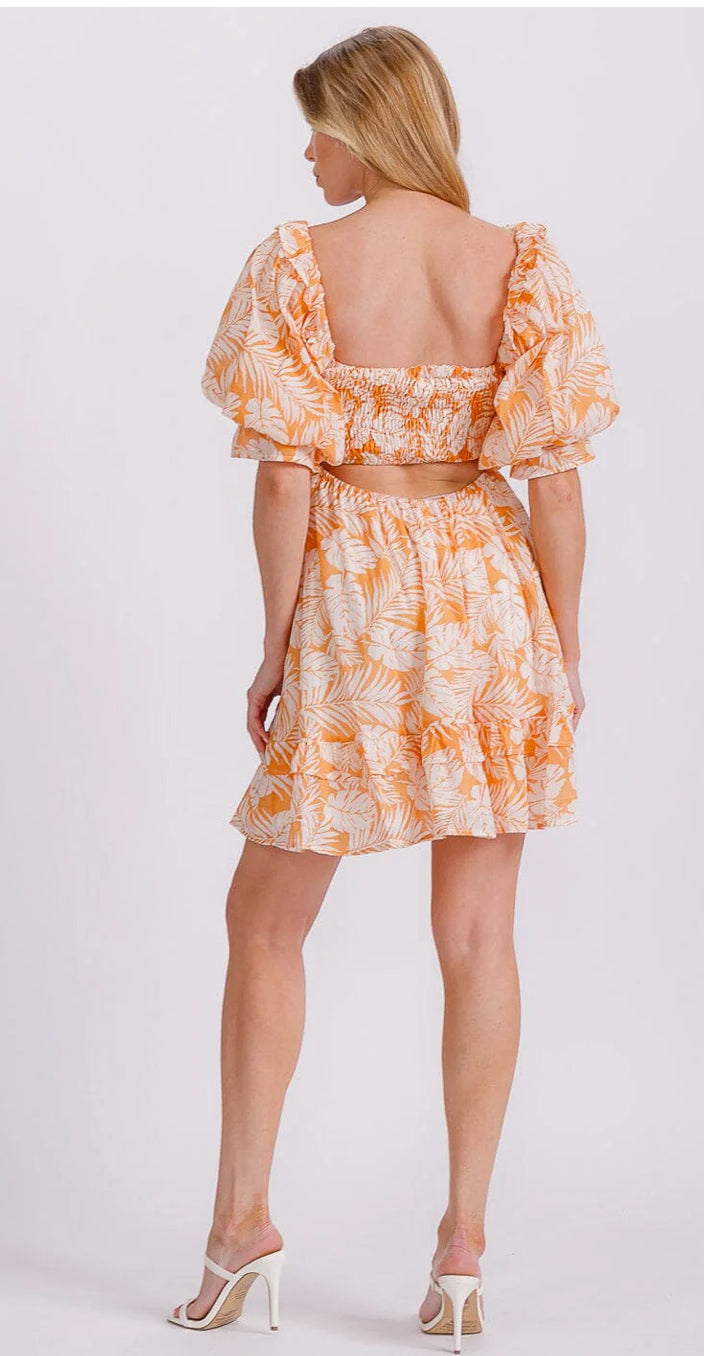 WOMEN'S SHORT PUFF SLEEVE SMOCK BACK CUT OUT LEAF PRINT MINI DRESS