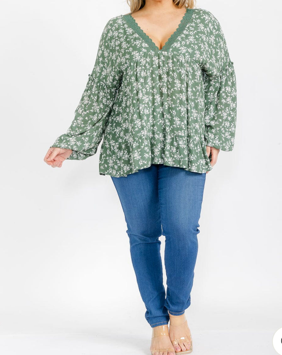 PLUS SIZE LONG SLEEVE V-NECK TRIM DETAILED FLORAL TUNIC BLOUSE