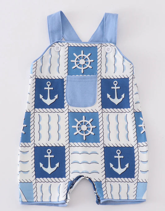 Blue small boy checkered boy romper