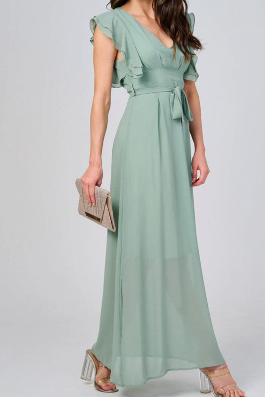 WOMEN'S RUFFLE SLEEVE V-NECK SELF TIE OPEN BACK MAXI DRESS, SAGE