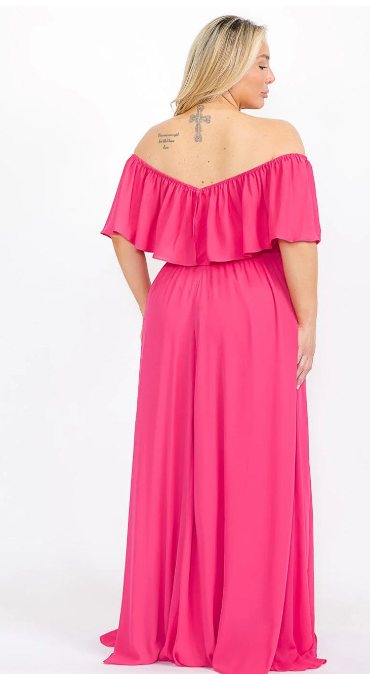 PLUS SIZE SHORT SLEEVE OFF SHOULDER ELASTIC WAIST MAXI DRESS. Fuchsia