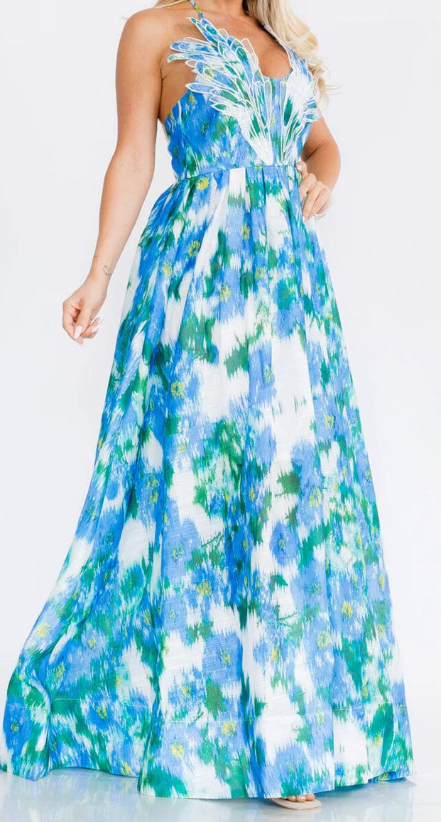 Sleeve less halter detailed maxi dress floral blue