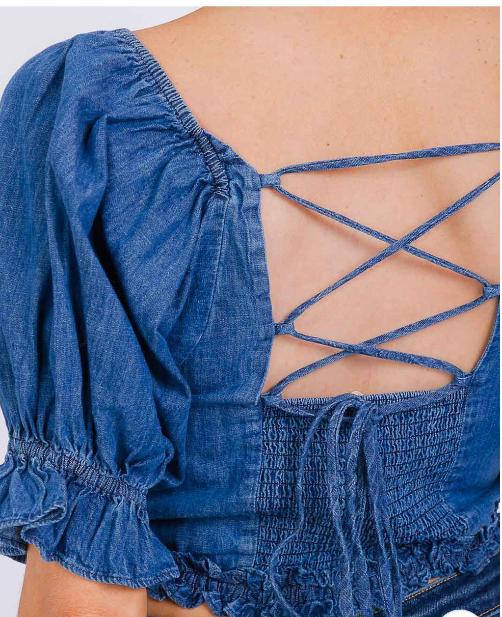 WOMEN'S SHORT PUFF SLEEVE SQUARE NECK SMOCK DENIM CROP TOP