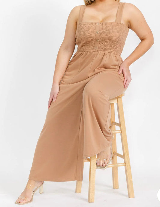 PLUS SIZE SLEEVELESS SQUARE NECK FRONT POCJETS SMOCK JUMPSUIT