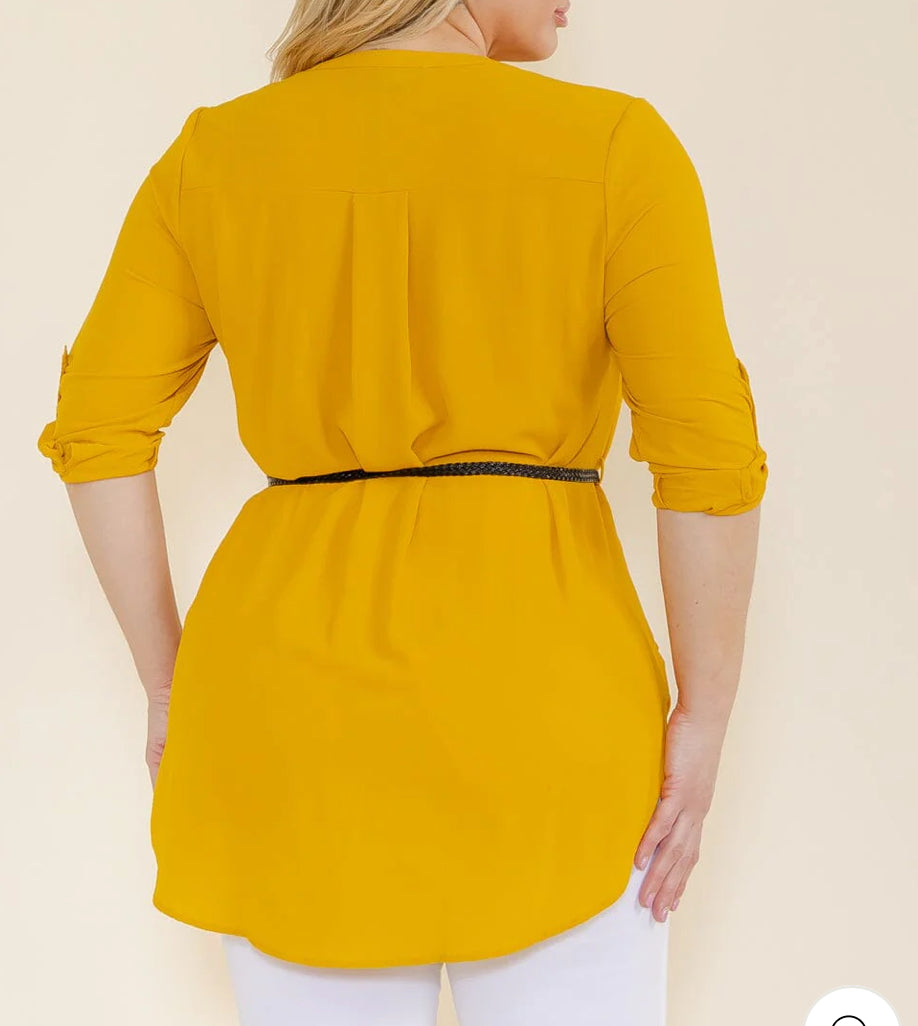 PLUS SIZE 3/4 SLEEVELESS BUTTON UP BELTED TUNIC BLOUSE