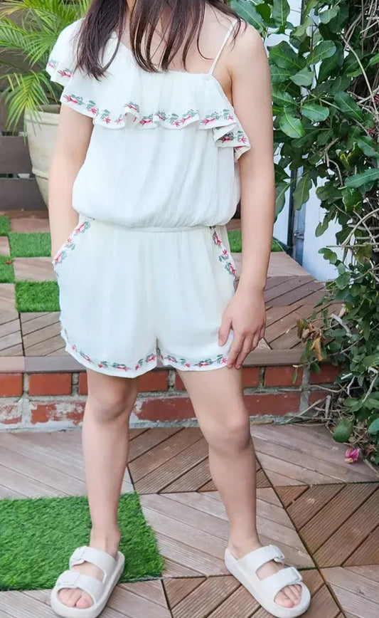 Girls ivory floral ruffle embroidered shoulder romper