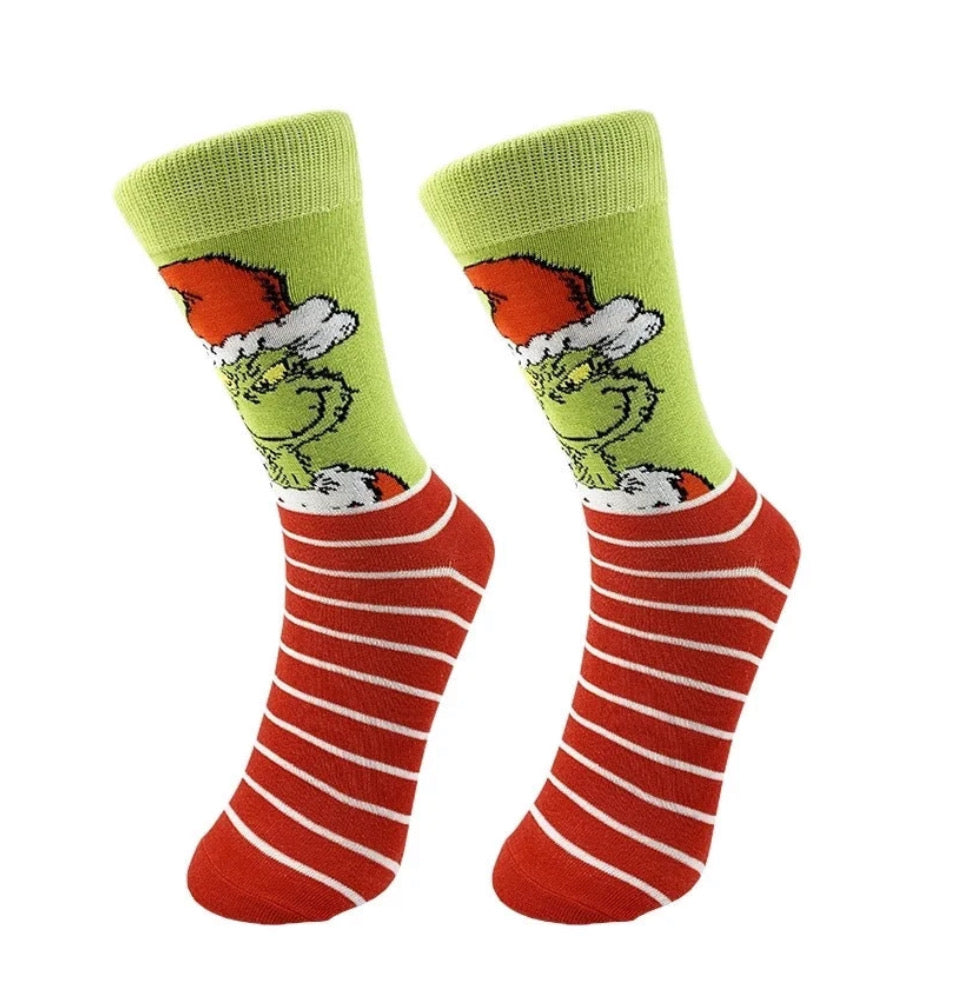 Grinch socks with red lines