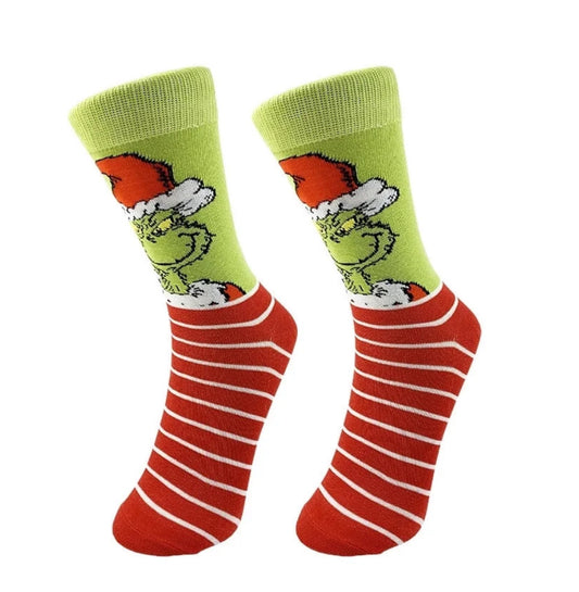 Grinch socks with red lines