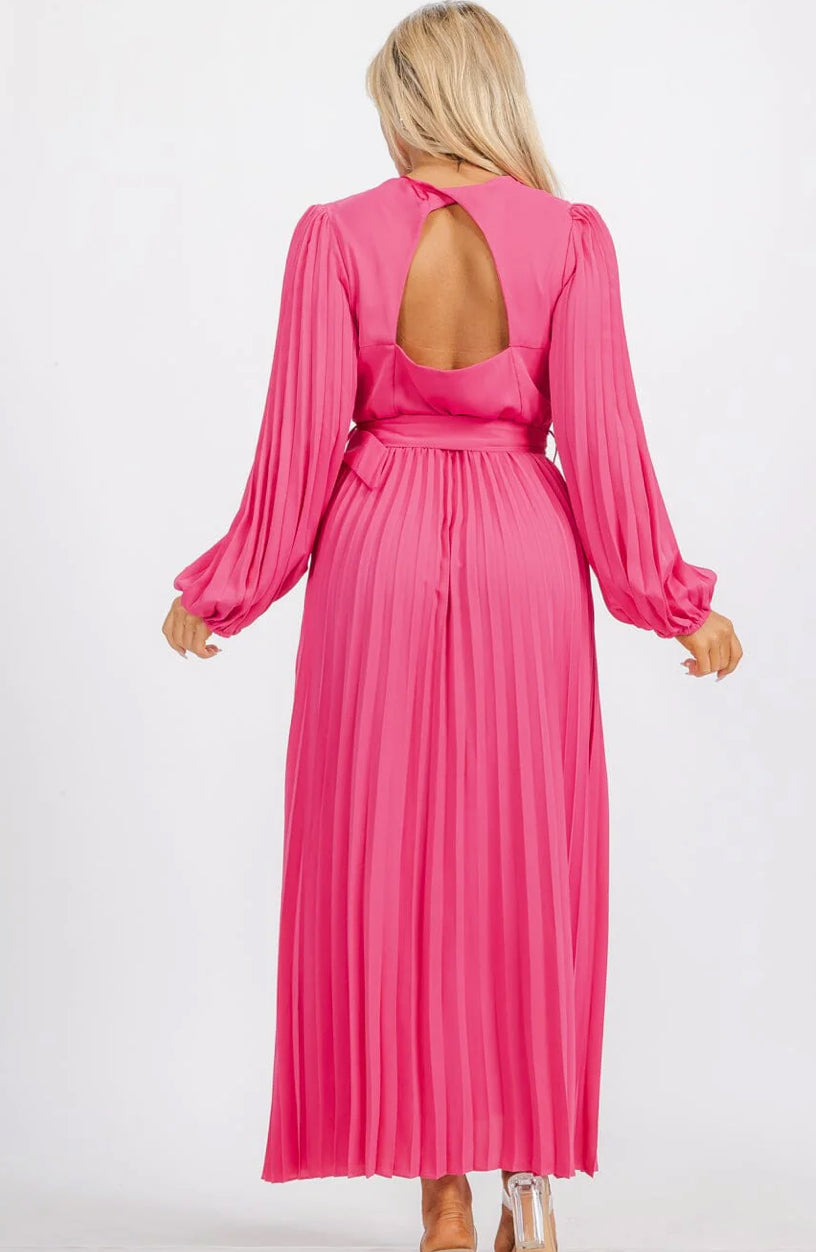 WOMEN'S LONG SLEEVE OPEN BACK SURPLICE BELTED PLEATED MAXI DRESS