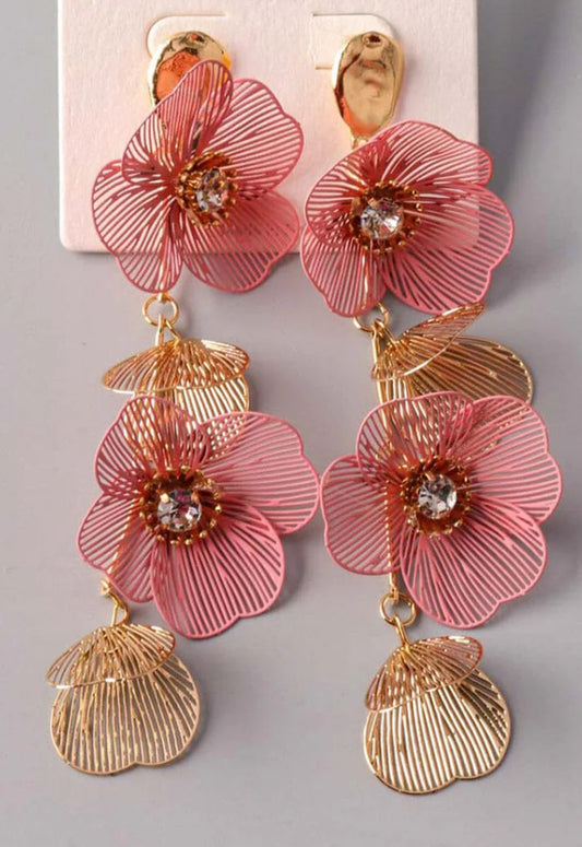 Long flower earrings, pink and gold