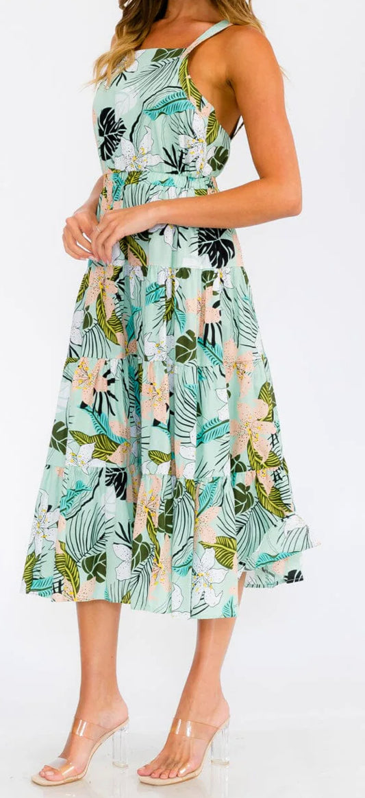 WOMEN'S SLEEVELESS OPEN BACK ELASTIC WAIST FLORAL MAXI DRESS