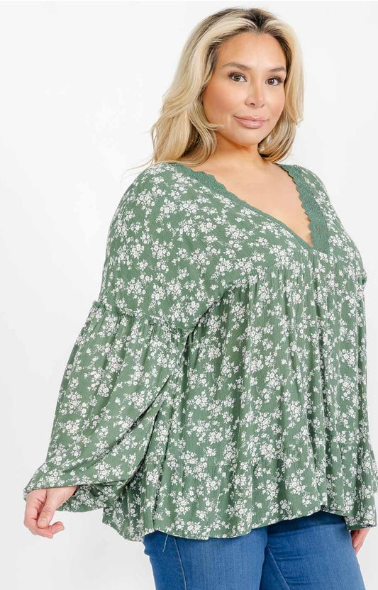 PLUS SIZE LONG SLEEVE V-NECK TRIM DETAILED FLORAL TUNIC BLOUSE