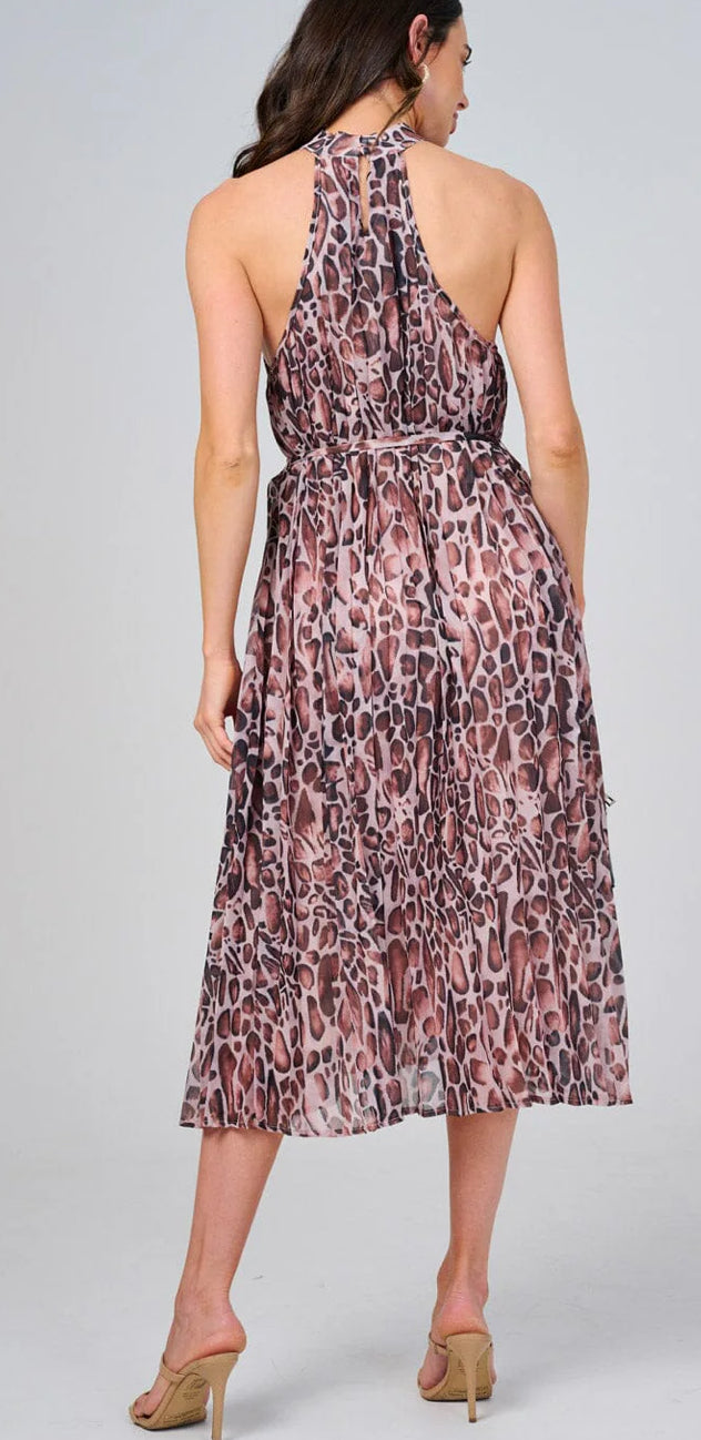 WOMEN'S SLEEVELESS HALTER NECK SELF TIE ANIMAL PRINT MIDI DRESS