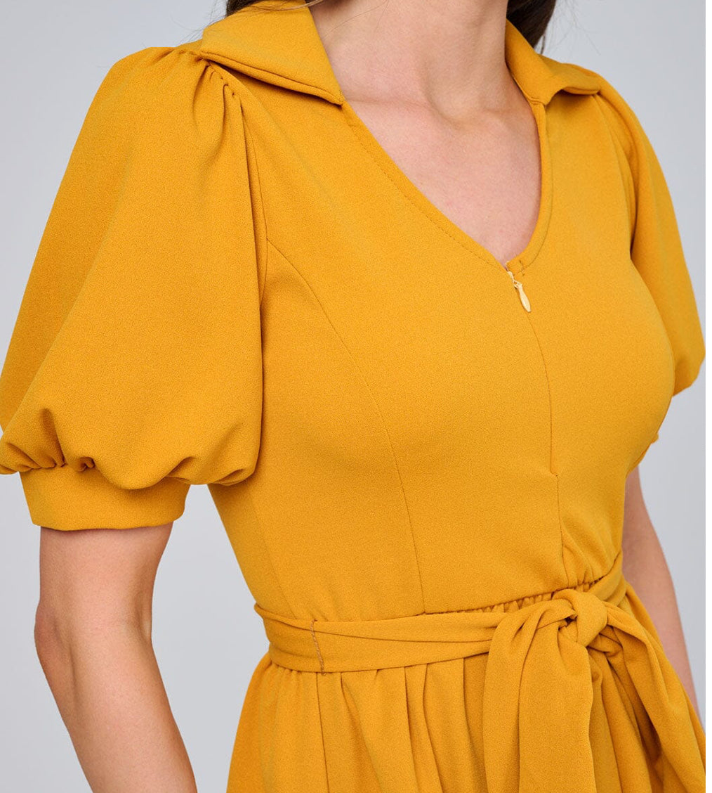 WOMEN'S SHORT SLEEVE ZIP UP ELASTIC WAIST SELF TIE MINI DRESS