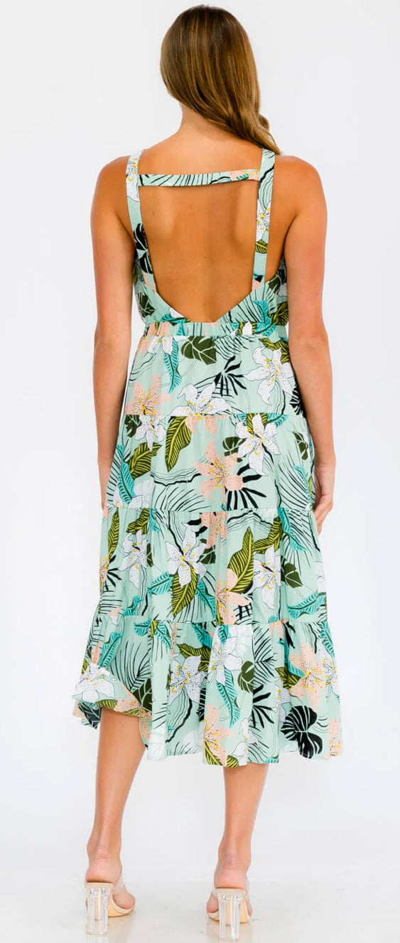 WOMEN'S SLEEVELESS OPEN BACK ELASTIC WAIST FLORAL MAXI DRESS