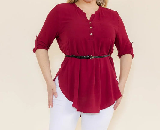 PLUS SIZE 3/4 SLEEVELESS BUTTON UP BELTED TUNIC BLOUSE Burgandy