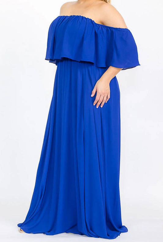 PLUS SIZE SHORT SLEEVE OFF SHOULDER ELASTIC WAIST MAXI DRESS, Royal blue