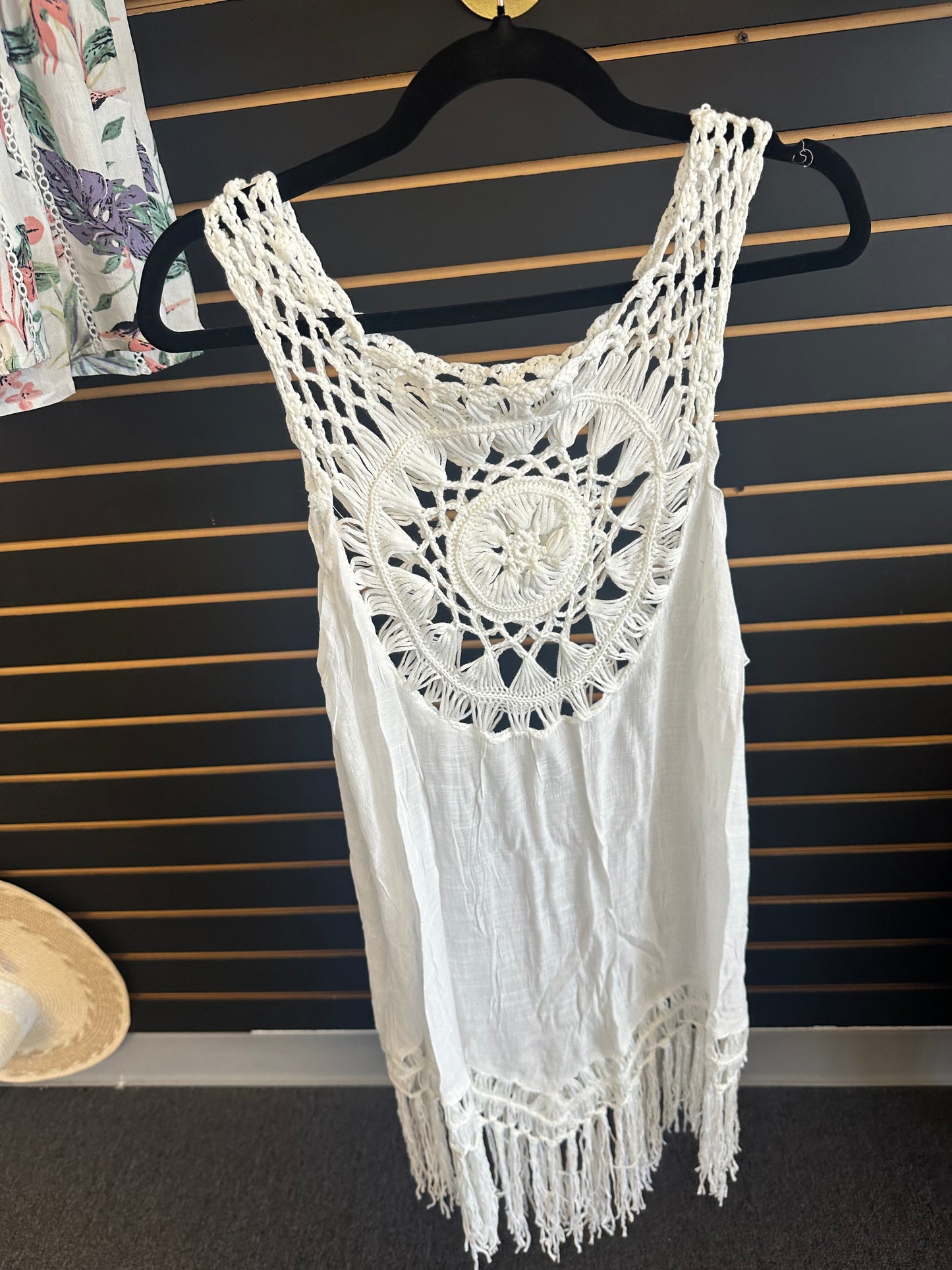 White, black and beige sleeveless embroidered swimsuit covers