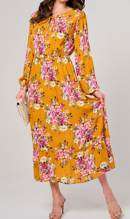 WOMEN'S LONG SLEEVE ELASTIC WAIST FLORAL MAXI DRESS