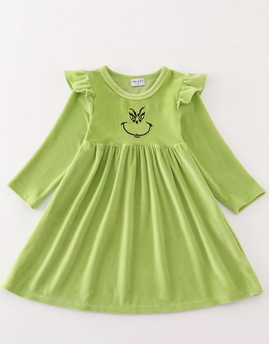 Green velvet Christmas Grinch embroidery dress