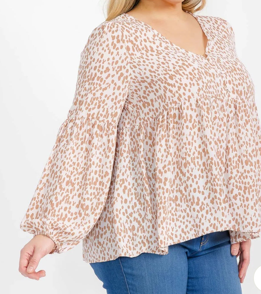 PLUS SIZE LONG SLEEVE V-NECK TUNIC ANIMAL PRINT BLOUSE