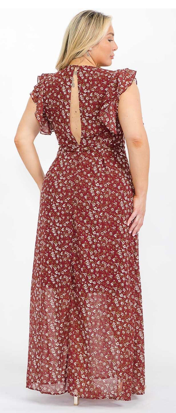 PLUS SIZE RUFFLE SLEEVE V-NECK OPEN BACK FLORAL MAXI DRESS, BURGUNDY