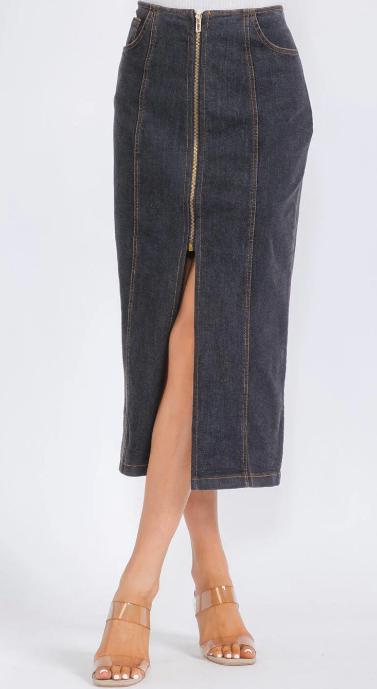 WOMEN'S ZIP UP POCKETS DENIM MIDI PENCIL SKIRT