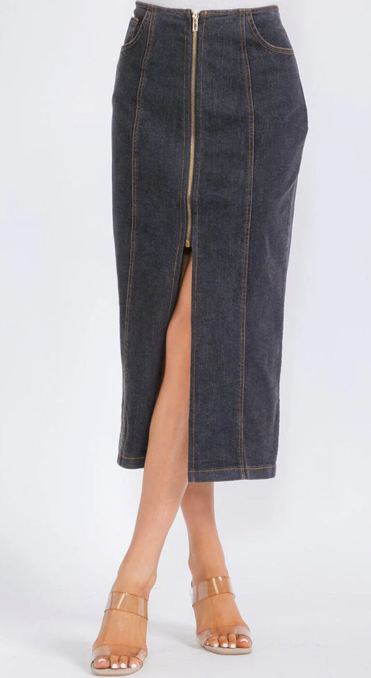 WOMEN'S ZIP UP POCKETS DENIM MIDI PENCIL SKIRT