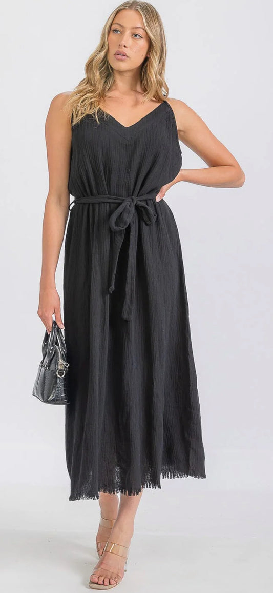 WOMEN'S SLEEVELESS V-NECK GAUZE BELTED MAXI DRESS