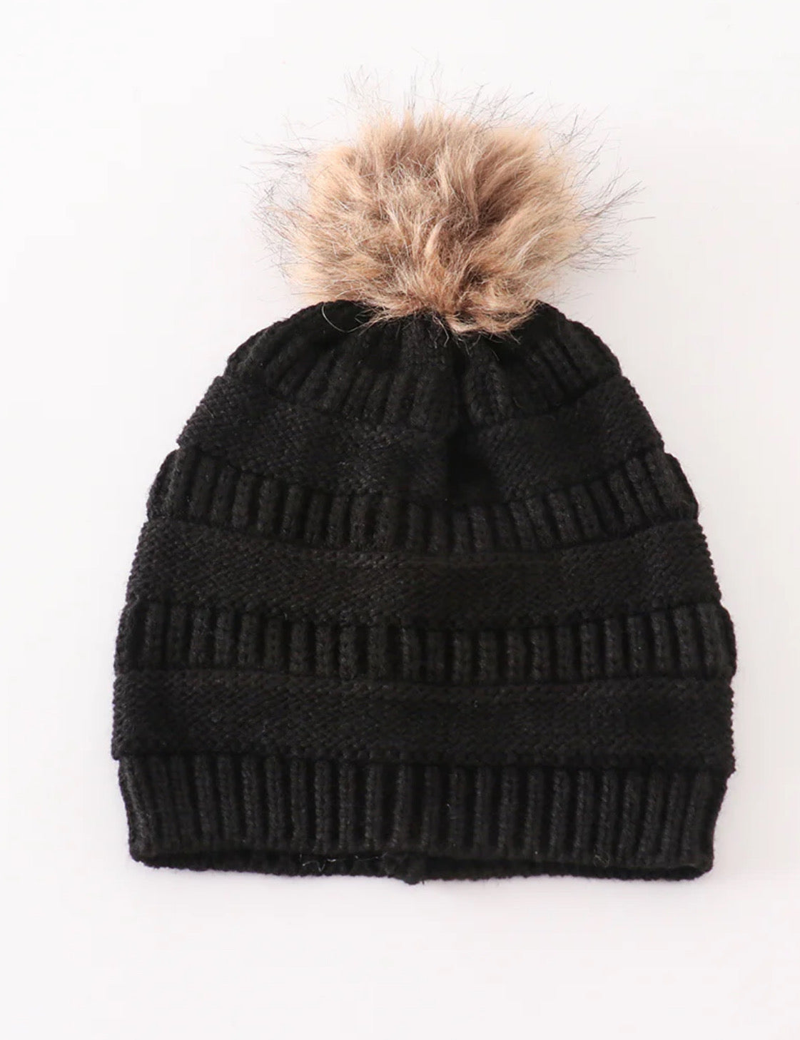 Girl and adult black pompom beanie
