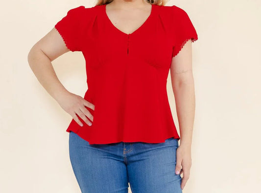 PLUS SIZE SHORT SLEEVE V-NECK BUTTON CLOSURE BLOUSE RED
