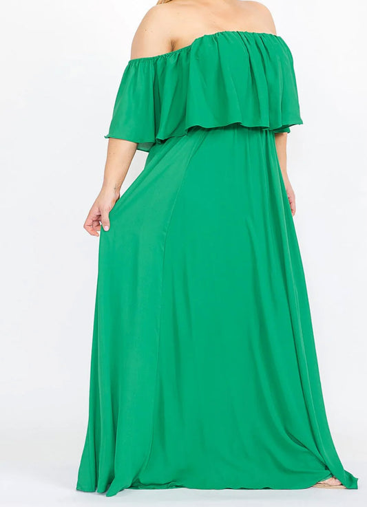 PLUS SIZE SHORT SLEEVE OFF SHOULDER ELASTIC WAIST MAXI DRESS, Green