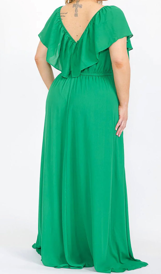 PLUS SIZE SHORT SLEEVE OFF SHOULDER ELASTIC WAIST MAXI DRESS, Green