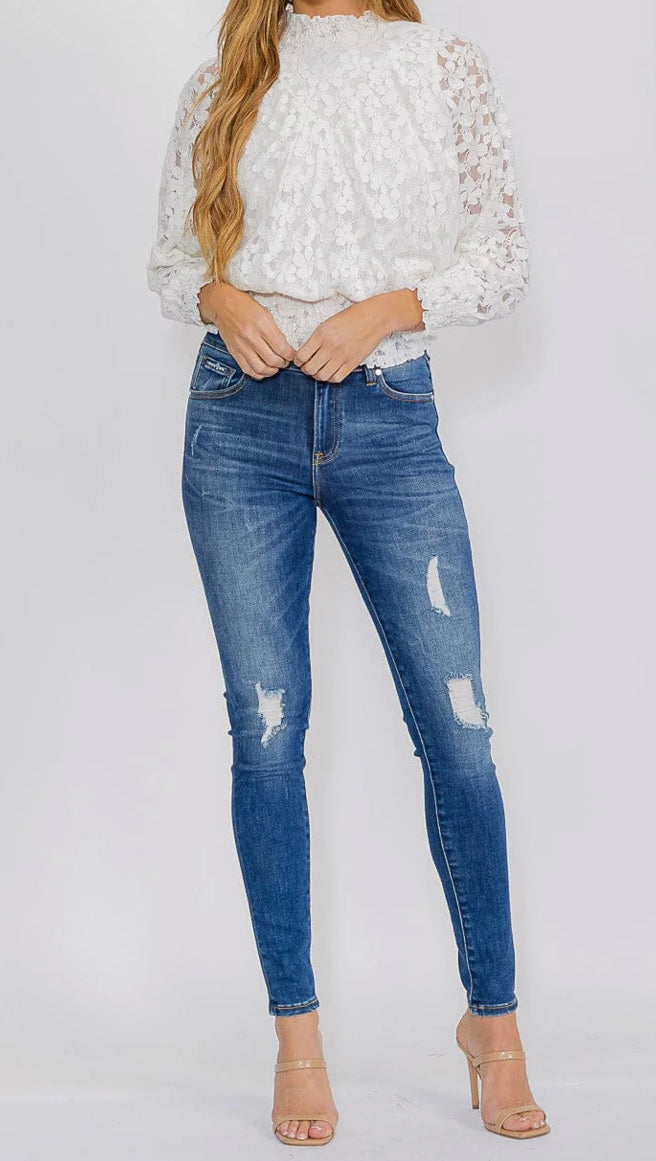 Women’s long sleeve mock neck lace blouse, ivory